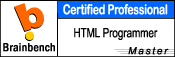 (Brainbench.com logo); Russell Hess is a certified Master HTML 4.0 Programmer