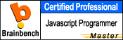 logo, of Brainbench.com certification, Russell Hess being a certified Master JavaScript Programmer
